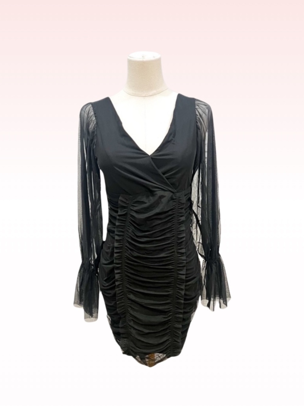Nwt CAPSULLE Black Plunge Ruched Dress Tulle Sleeves (Sz L)